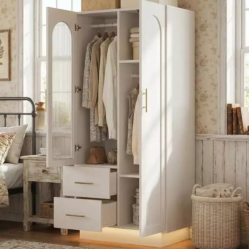 Armoire de rangement à 2 portes avec porte en verre cannelé, grande armoire de rangement en bois, tringle à vêtements, étagère réglable, pour chambre à coucher, salon