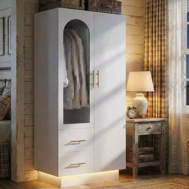 Armoire de rangement à 2 portes avec porte en verre cannelé, grande armoire de rangement en bois, tringle à vêtements, étagère réglable, pour chambre à coucher, salon