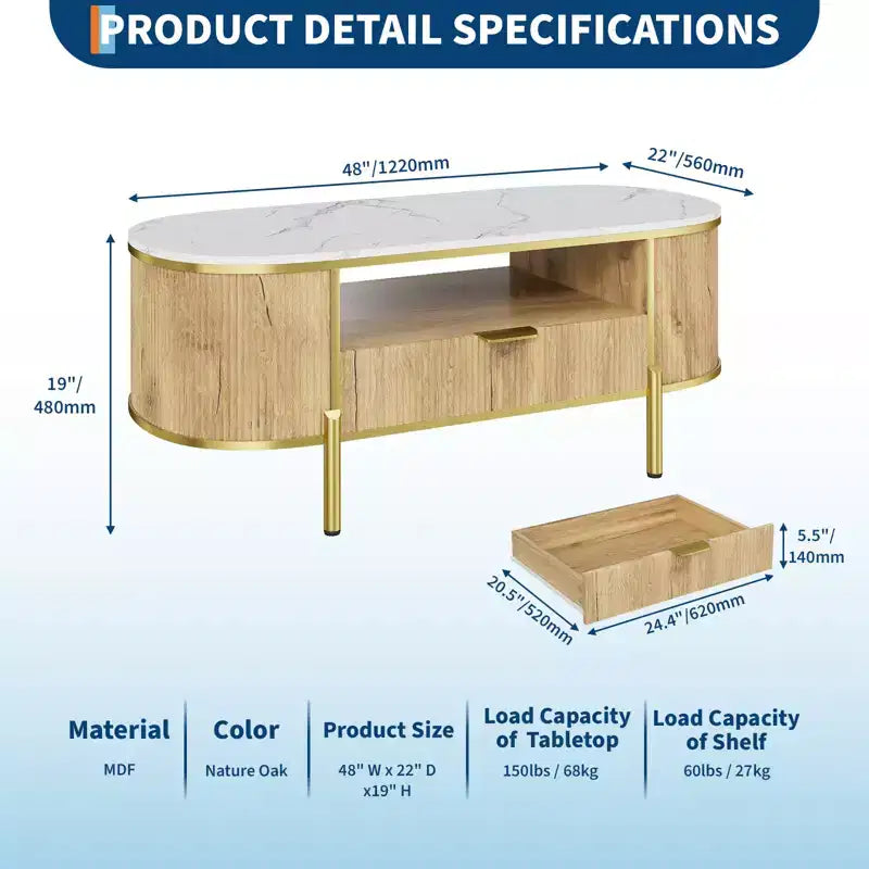 Table basse ovale moderne cannelée de 122 cm, plateau en faux marbre et base incurvée en métal doré, table centrale de salon avec tiroir et rangement
