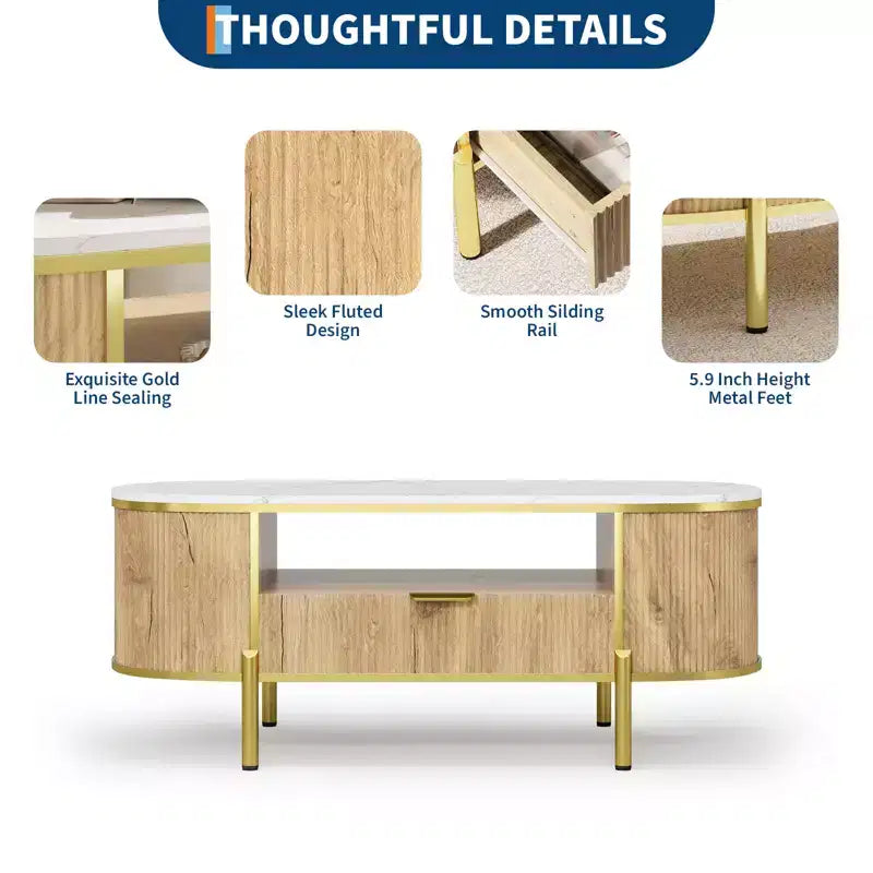 Table basse ovale moderne cannelée de 122 cm, plateau en faux marbre et base incurvée en métal doré, table centrale de salon avec tiroir et rangement