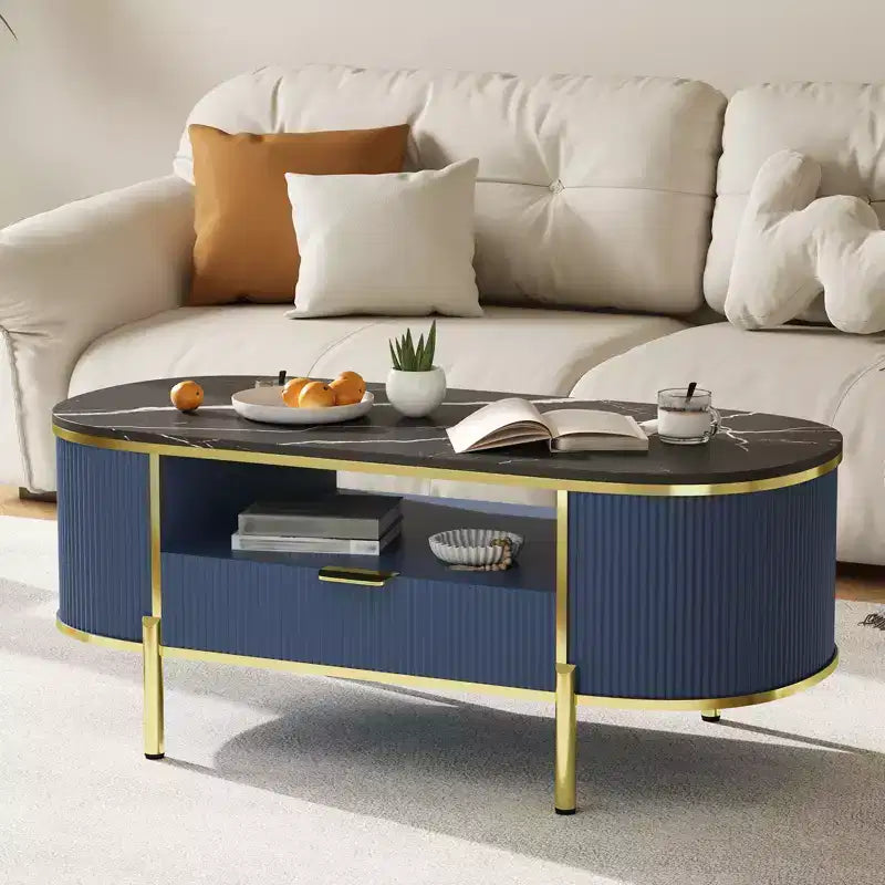 48 Inch Oval Modern Fluted Coffee Table, Faux Marble Top & Curved Gold Metal Base, Living Room Center Table with Drawer & Storage