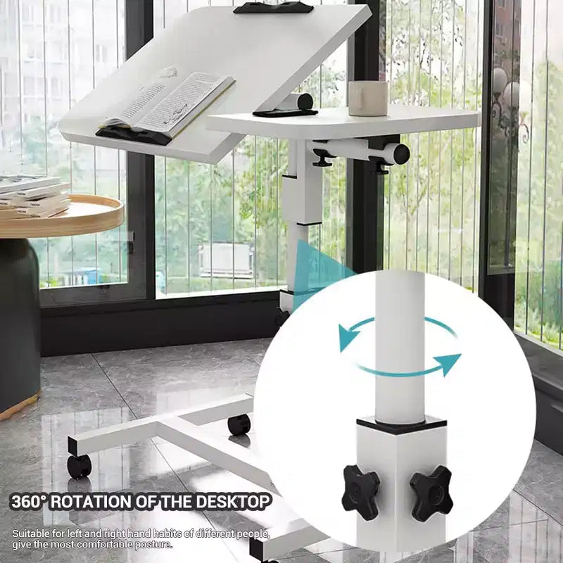 Table de lit réglable sur roulettes, bureau de chevet roulant de 60 à 95 cm de hauteur avec surface inclinable de 0 à 90°, chariot d'hôpital mobile