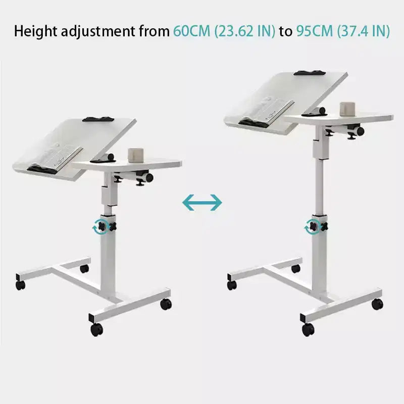 Table de lit réglable sur roulettes, bureau de chevet roulant de 60 à 95 cm de hauteur avec surface inclinable de 0 à 90°, chariot d'hôpital mobile