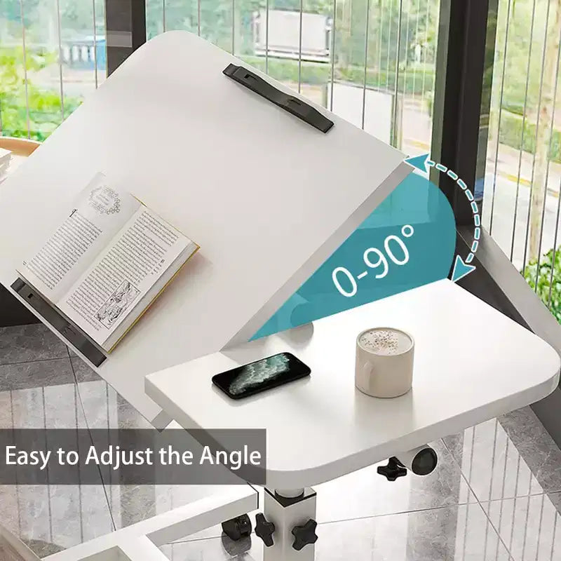 Table de lit réglable sur roulettes, bureau de chevet roulant de 60 à 95 cm de hauteur avec surface inclinable de 0 à 90°, chariot d'hôpital mobile