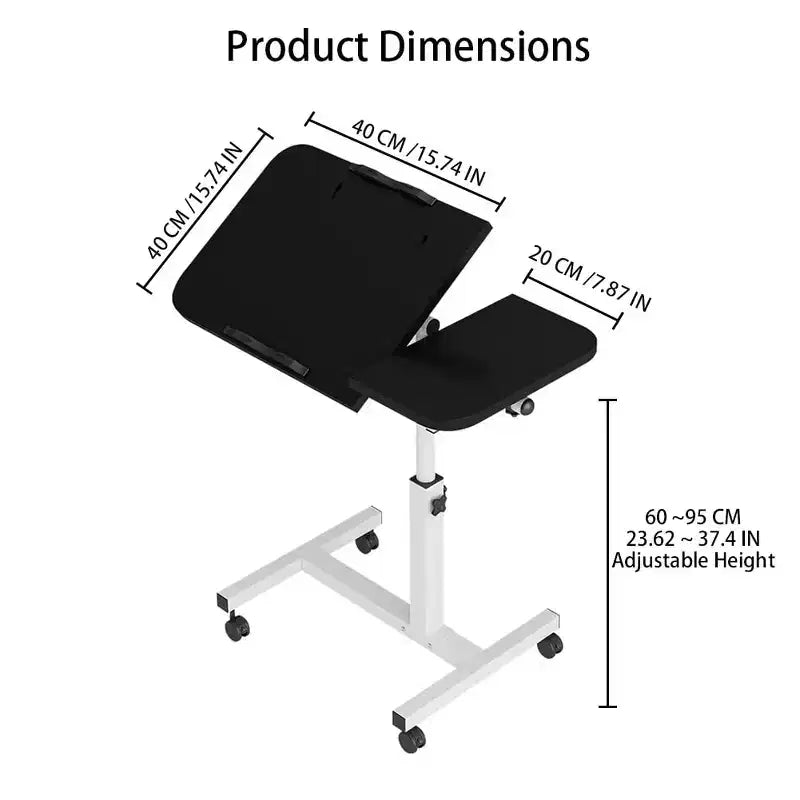 Table de lit réglable sur roulettes, bureau de chevet roulant de 60 à 95 cm de hauteur avec surface inclinable de 0 à 90°, chariot d'hôpital mobile