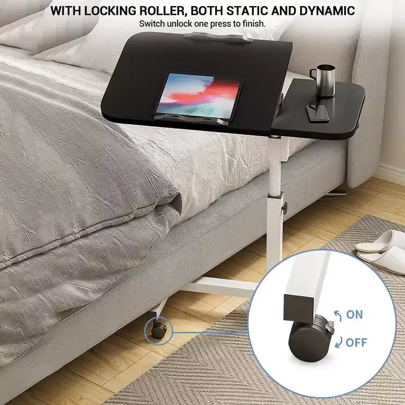 Table de lit réglable sur roulettes, bureau de chevet roulant de 60 à 95 cm de hauteur avec surface inclinable de 0 à 90°, chariot d'hôpital mobile