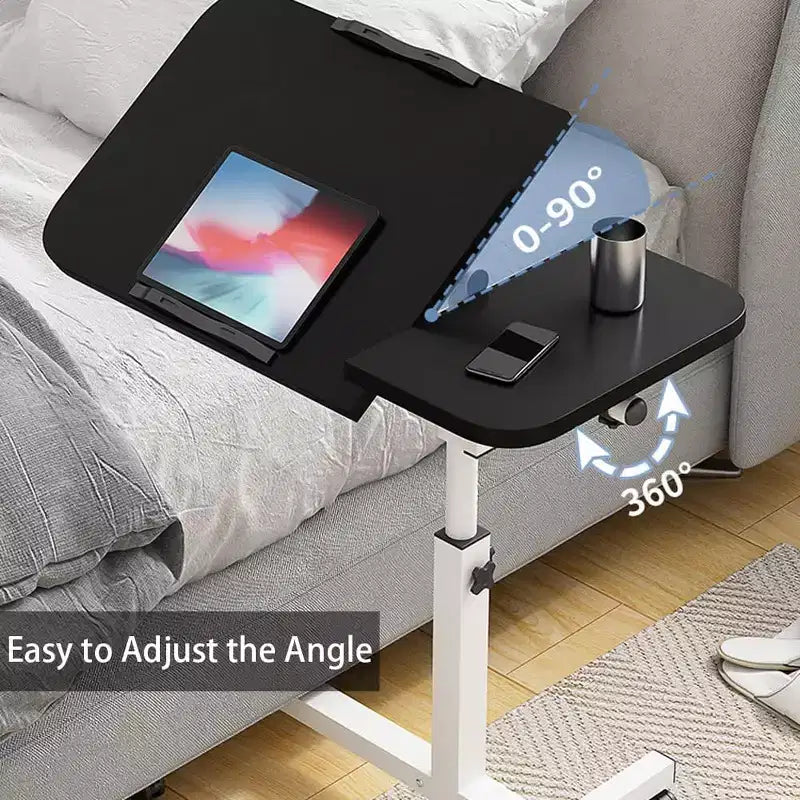 Table de lit réglable sur roulettes, bureau de chevet roulant de 60 à 95 cm de hauteur avec surface inclinable de 0 à 90°, chariot d'hôpital mobile