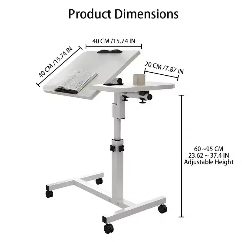 Table de lit réglable sur roulettes, bureau de chevet roulant de 60 à 95 cm de hauteur avec surface inclinable de 0 à 90°, chariot d'hôpital mobile