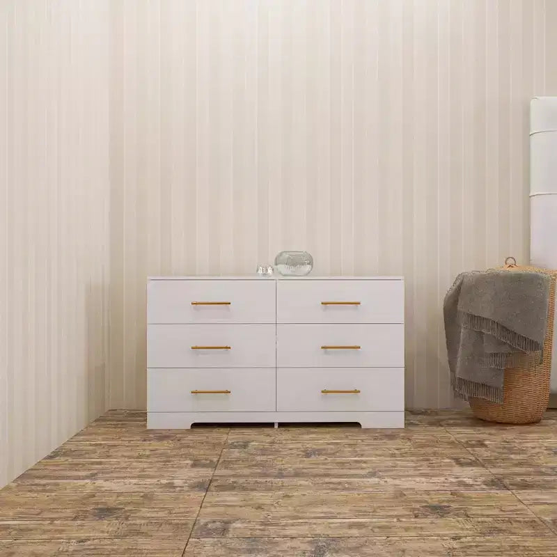 White 6-Drawer Chest Of Drawers Dresser With Golden Handle