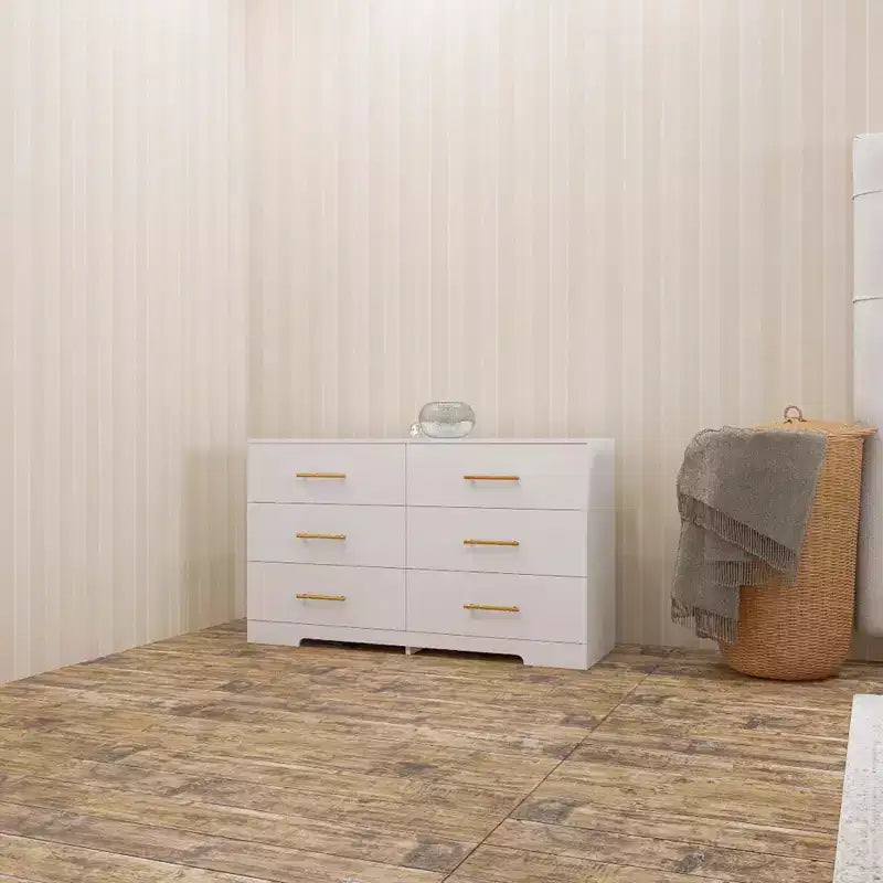Commode blanche à 6 tiroirs avec poignées dorées