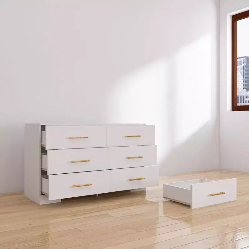 Commode blanche à 6 tiroirs avec poignées dorées