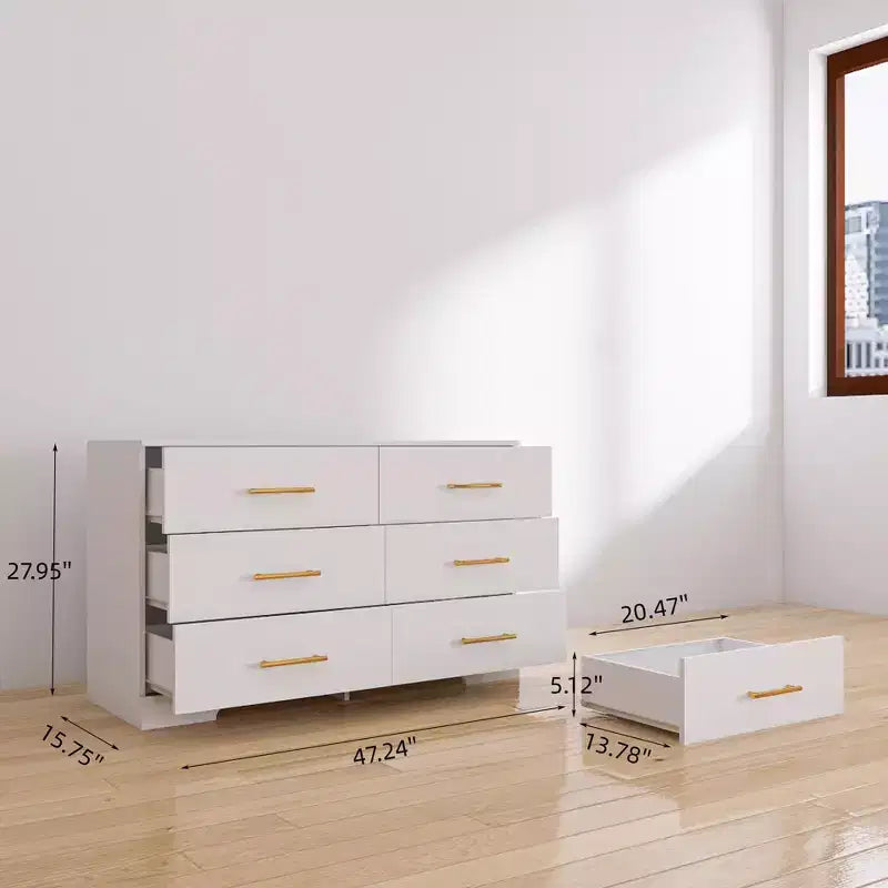 Commode blanche à 6 tiroirs avec poignées dorées