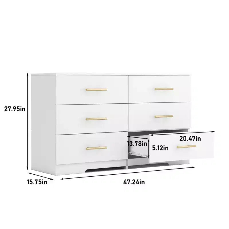 Commode blanche à 6 tiroirs avec poignées dorées