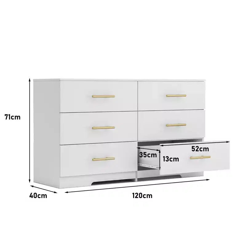 Commode blanche à 6 tiroirs avec poignées dorées