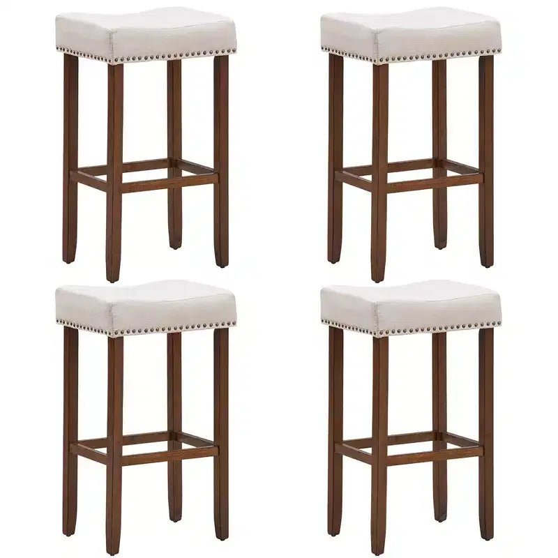 Costway Set of 4 Nailhead Saddle Bar Stools 29'' Height w/ Fabric Seat & Wood Legs Gray/Beige