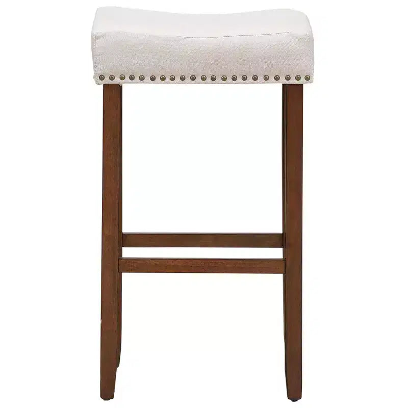 Lot de 4 tabourets de bar à selles avec clous décoratifs – Hauteur 73,7 cm – Assise en tissu et pieds en bois gris/beige