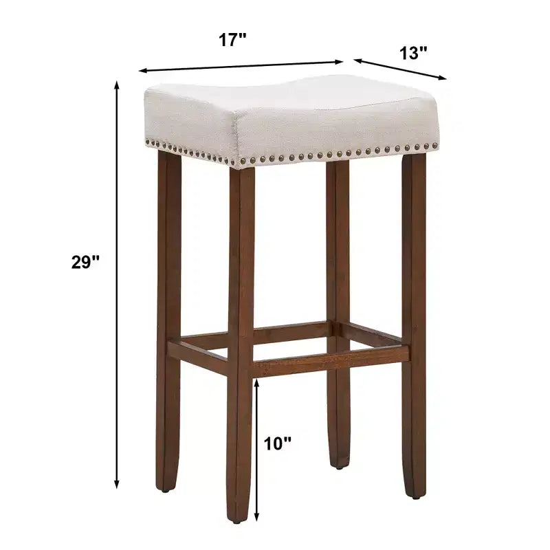Lot de 4 tabourets de bar à selles avec clous décoratifs – Hauteur 73,7 cm – Assise en tissu et pieds en bois gris/beige