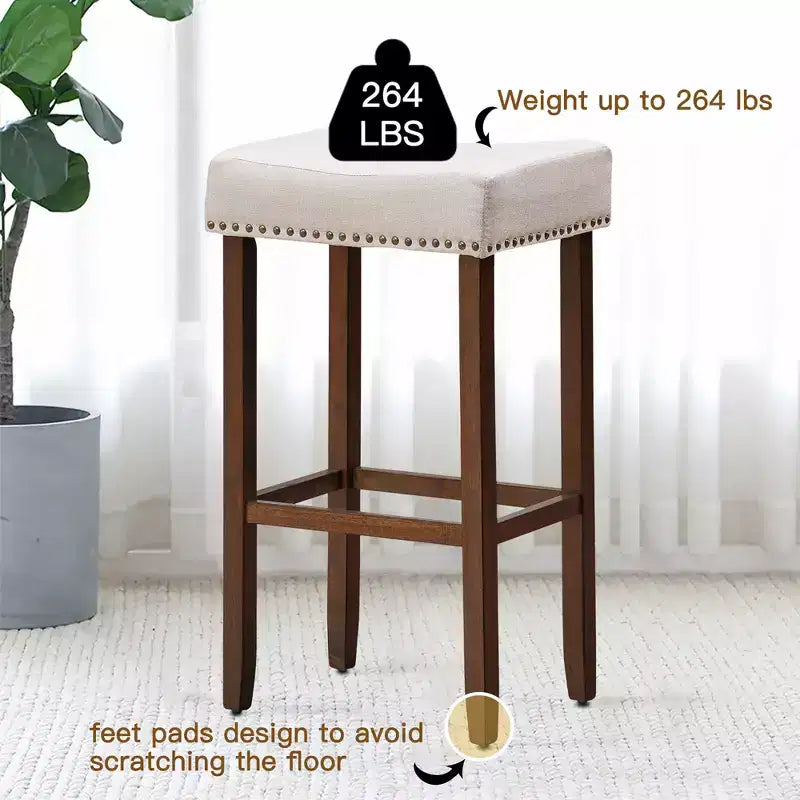 Lot de 4 tabourets de bar à selles avec clous décoratifs – Hauteur 73,7 cm – Assise en tissu et pieds en bois gris/beige