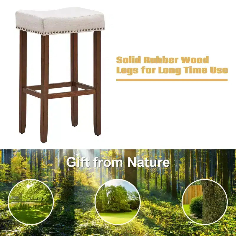 Lot de 4 tabourets de bar à selles avec clous décoratifs – Hauteur 73,7 cm – Assise en tissu et pieds en bois gris/beige