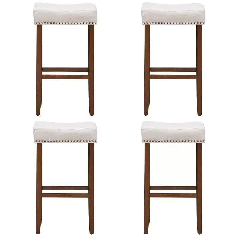 Lot de 4 tabourets de bar à selles avec clous décoratifs – Hauteur 73,7 cm – Assise en tissu et pieds en bois gris/beige