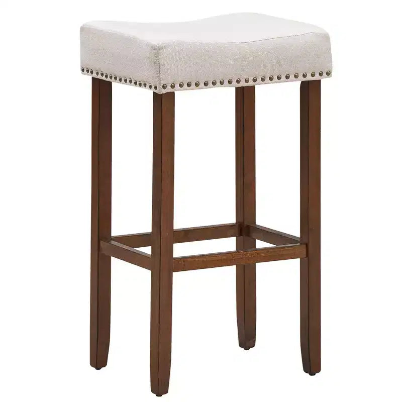 Lot de 4 tabourets de bar à selles avec clous décoratifs – Hauteur 73,7 cm – Assise en tissu et pieds en bois gris/beige